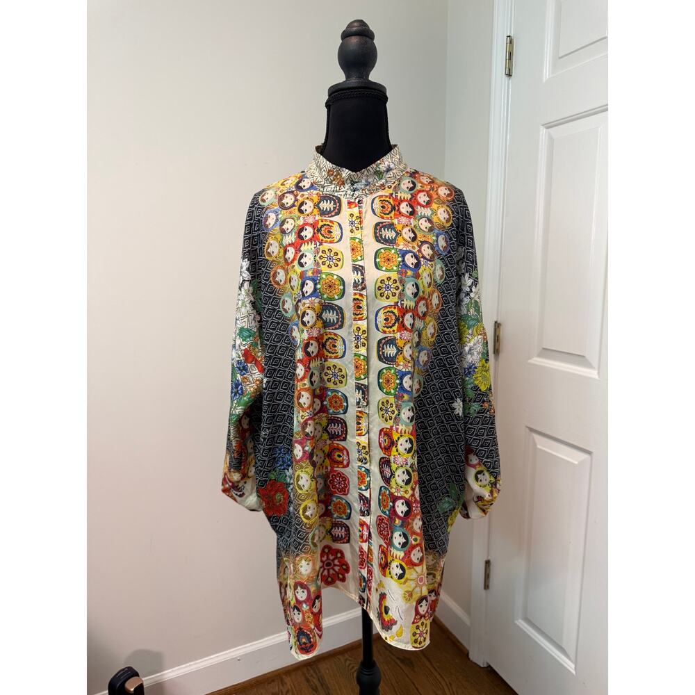 Johhny Was Babette Silk Russian Nesting Doll Print Tunic Blouse